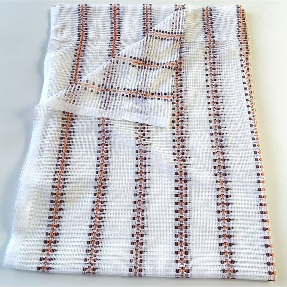 Vintage 70s mesh curtain, white, brown, orange striped net woven, single panel - Picture 8 of 10